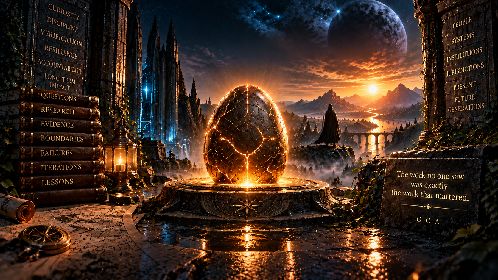 A glowing cracked egg on an ornate altar in a fantasy landscape. A plaque reads: The work no one saw was exactly the work that mattered.